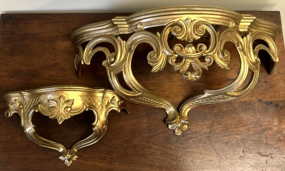 Lot 2 Wall Vintage Shelves Gold Ornate Rococo Hollywood Regency Resin 19” 11.5”
